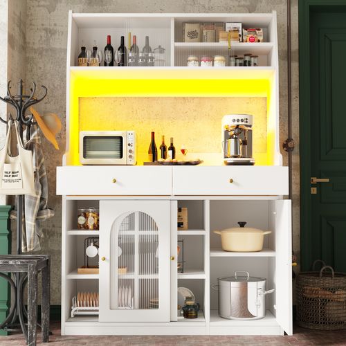 Buffet De Cuisine Haut.180 Cm Blanc LED Avec 2 Tiroirs Et Étagères Réglables, Portes Vitrées
