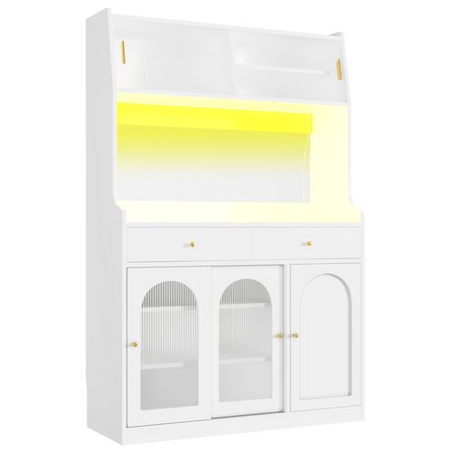 Buffet De Cuisine Haut.180 Cm Blanc LED Avec 2 Tiroirs Et Étagères Réglables, Portes Vitrées