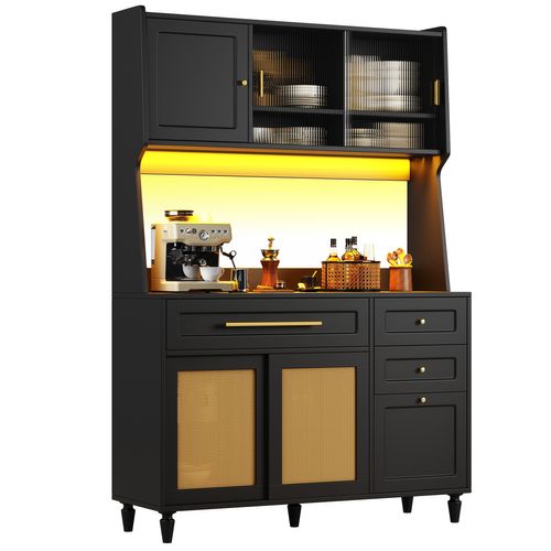 Buffet De Cuisine 120×45×195,5 Cm Avec 3 Tiroirs, Portes Vitrées Et LED, Noir