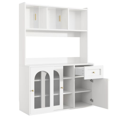 Buffet De Cuisine Blanc Haut 120x35x167 Cm LED, Portes Vitrées Coulissantes, Étagères Réglables