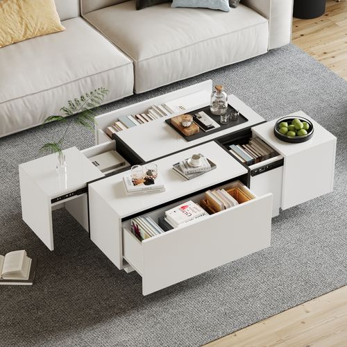 Table Basse Salon 100 Cm Blanche Et Noire Avec 2 Tiroirs, Plateau Extensible Finition Brillante