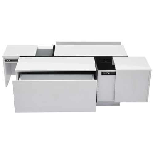 Table Basse Salon 100 Cm Blanche Et Noire Avec 2 Tiroirs, Plateau Extensible Finition Brillante
