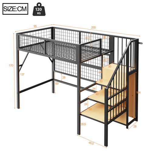 Lit Mezzanine Enfant 90x200 Cm Métal Noir Avec Rangements, LED, Étagères Et Armoire