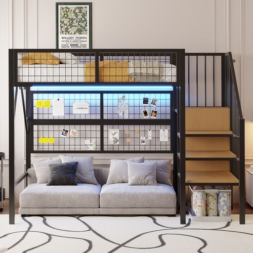 Lit Mezzanine Enfant 90x200 Cm Métal Noir Avec Rangements, LED, Étagères Et Armoire