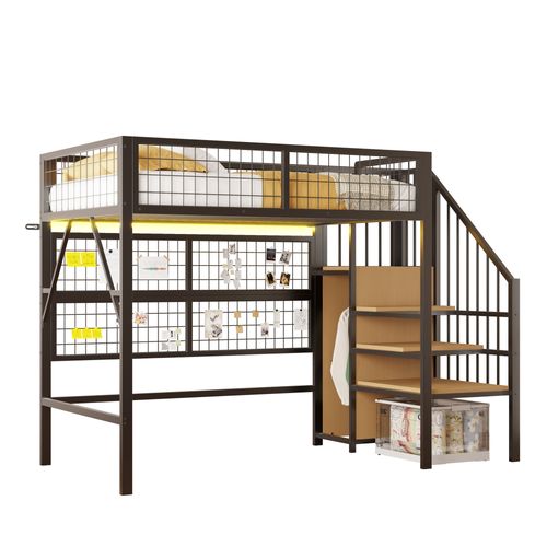 Lit Mezzanine Enfant 90x200 Cm Métal Noir Avec Rangements, LED, Étagères Et Armoire