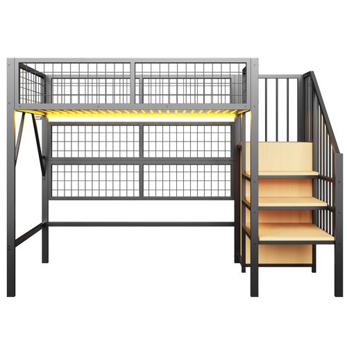 Lit Mezzanine Enfant 90x200 Cm Métal Noir Avec Rangements, LED, Étagères Et Armoire