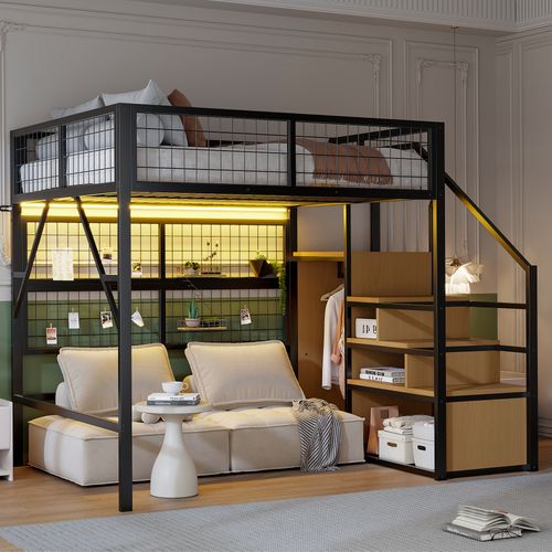 Lit Mezzanine LED 140x200 Cm Métal Noir Avec Rangements, Étagères Et Armoire