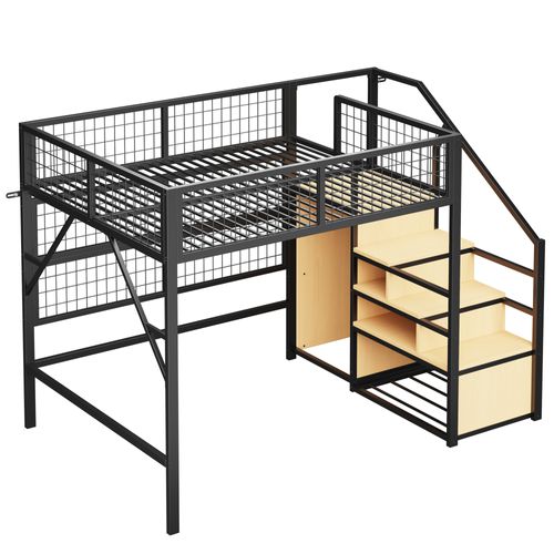 Lit Mezzanine LED 140x200 Cm Métal Noir Avec Rangements, Étagères Et Armoire