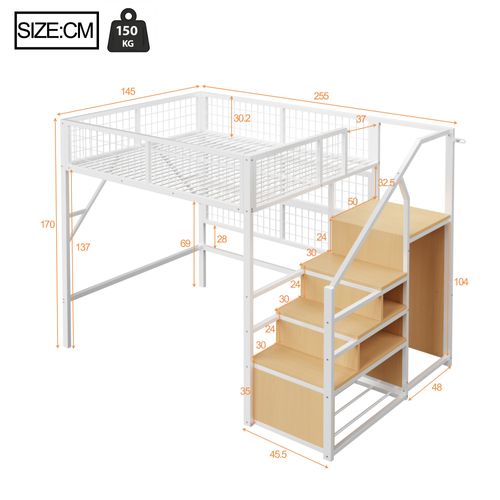 Lit Mezzanine LED 140x200 Cm Métal Blanc Avec Rangements, Étagères Et Armoire