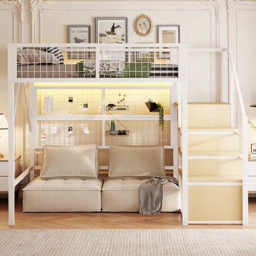 Lit Mezzanine LED 140x200 Cm Métal Blanc Avec Rangements, Étagères Et Armoire