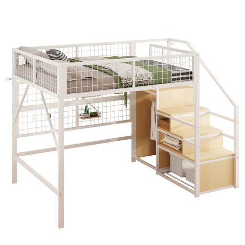 Lit Mezzanine LED 140x200 Cm Métal Blanc Avec Rangements, Étagères Et Armoire