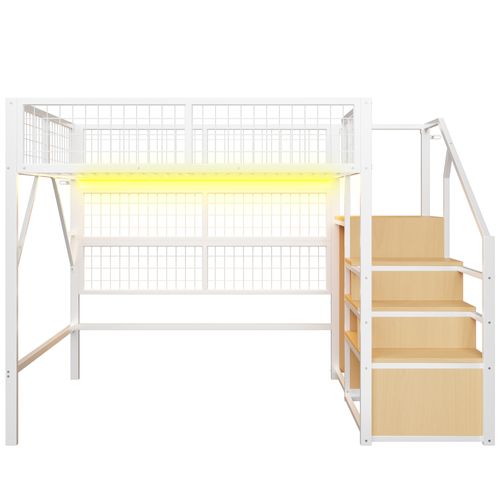 Lit Mezzanine LED 140x200 Cm Métal Blanc Avec Rangements, Étagères Et Armoire