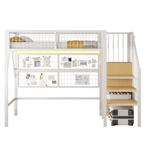 Lit Mezzanine Enfant 90x200 Cm Métal Blanc Avec Rangements, LED, Étagères Et Armoire