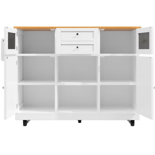 Desserte De Cuisine 140x40/70x93,5 Cm, Plateau Aspect Bois Blanc, 2 Tiroirs Et 2 Portes, à Roulettes