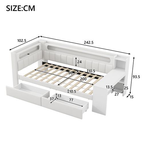Lit Enfant 90x200 Cm Avec Bureau Intégré, Ports USB, Éclairage LED Et 2 Tiroirs, Blanc