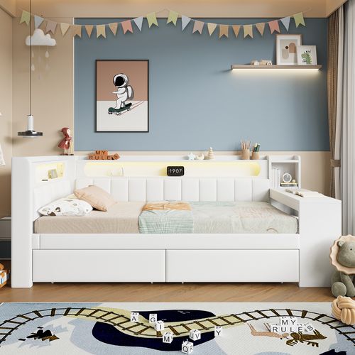 Lit Enfant 90x200 Cm Avec Bureau Intégré, Ports USB, Éclairage LED Et 2 Tiroirs, Blanc