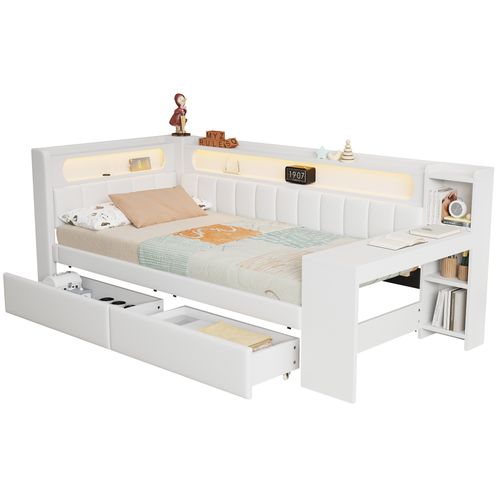 Lit Enfant 90x200 Cm Avec Bureau Intégré, Ports USB, Éclairage LED Et 2 Tiroirs, Blanc