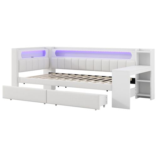 Lit Enfant 90x200 Cm Avec Bureau Intégré, Ports USB, Éclairage LED Et 2 Tiroirs, Blanc