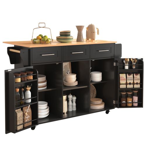 Desserte/îlot De Cuisine Noir Et Bois à Roulettes, Tablette Rabattable, 2 Portes, 3 Tiroirs