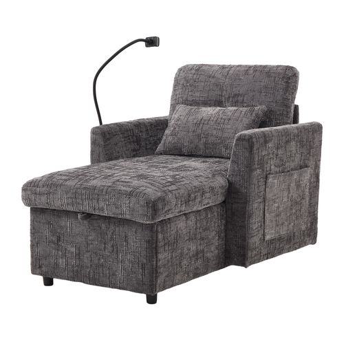 Fauteuil De Salon Gris Avec Coffre De Rangement Et Support Pour Téléphone, Tissu Chenille