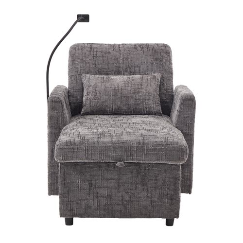 Fauteuil De Salon Gris Avec Coffre De Rangement Et Support Pour Téléphone, Tissu Chenille