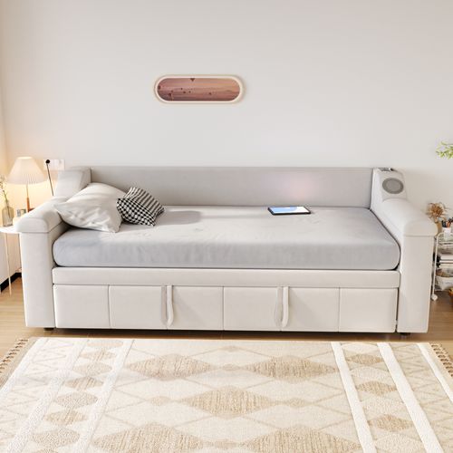 Lit Enfant Gigogne 90x190 Cm Convertible Velours Beige Avec Rangements, Ports USB Et Bluetooth