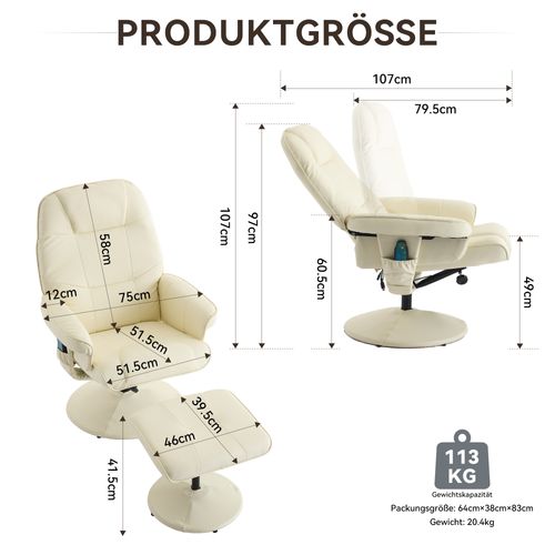 Fauteuil Massant 5 Points Avec Chauffage, Rotation 360° Et Repose-pieds, Pu Beige