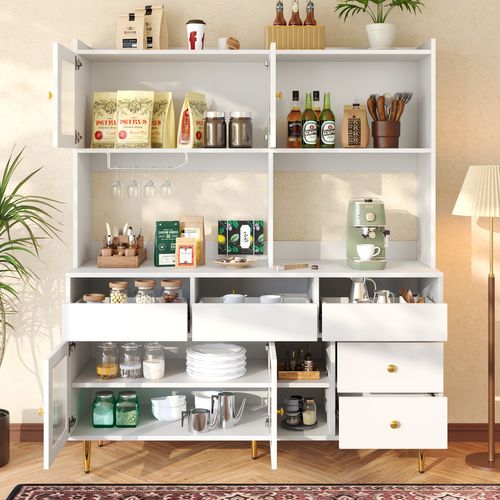 Buffet De Cuisine Haut Blanc Avec 4 Portes En Verre, 5 Tiroirs Et Rangements Ouverts, Range-verres