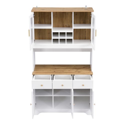 Buffet De Cuisine Haut Blanc Avec 5 Portes, 3 Tiroirs Et Casier à Vin