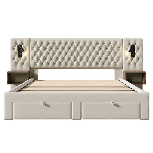 Lit Adulte 160x200 Cm Velours Beige, 4 Tiroirs, Lampes LED, 2 Tables De Chevet Et Ports USB/type-c