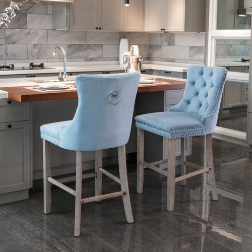 Lot De 2 Tabourets De Bar Velours Bleu Clair, Dossier Haut, Pieds En Bois Naturel