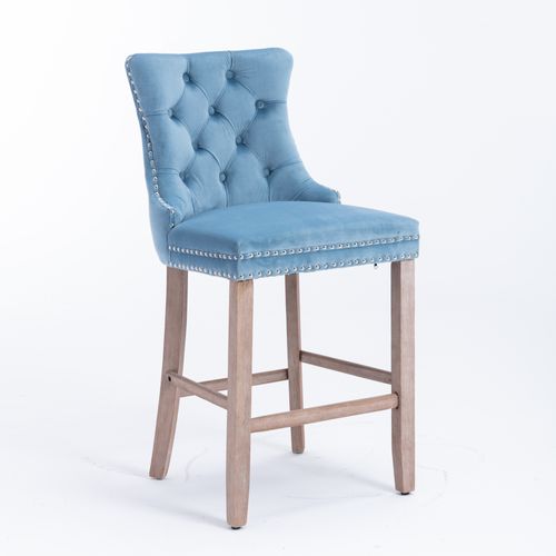 Lot De 2 Tabourets De Bar Velours Bleu Clair, Dossier Haut, Pieds En Bois Naturel