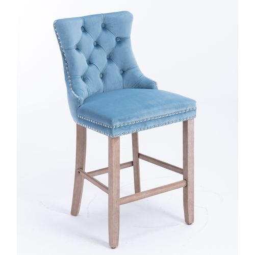 Lot De 2 Tabourets De Bar Velours Bleu Clair, Dossier Haut, Pieds En Bois Naturel
