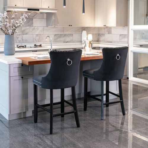 Lot De 2 Tabourets De Bar Velours Noir Dossier Haut, Clous Chromés, Pieds En Bois
