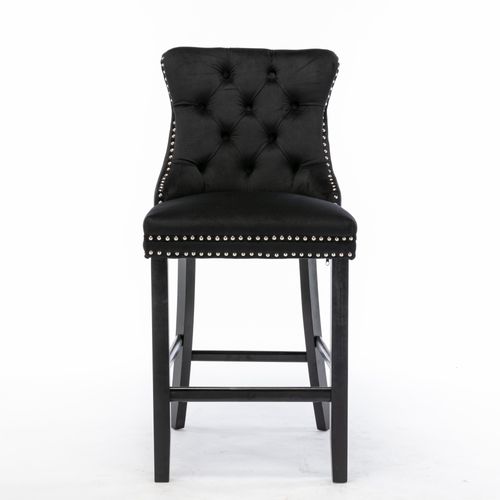 Lot De 2 Tabourets De Bar Velours Noir Dossier Haut, Clous Chromés, Pieds En Bois