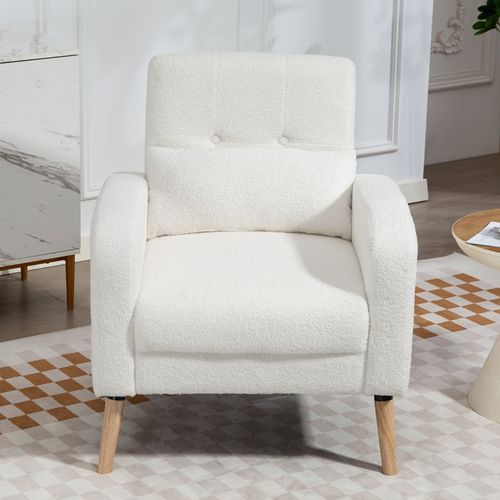 Fauteuil Lounge Blanc En Tissu Sherpa Avec Coussin Lombaire Et Pieds En Bois