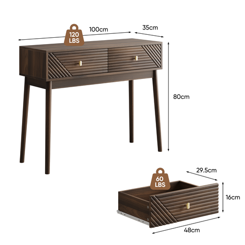 Bureau Chambre Vintage Bois Noyer, Table Console Avec 2 Tiroirs Style Mid-century