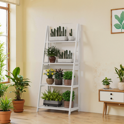 Étagères Échelle Pour Bibliothèque, Plantes, Salle De Bain, 4 Niveaux En Mdf Blanc