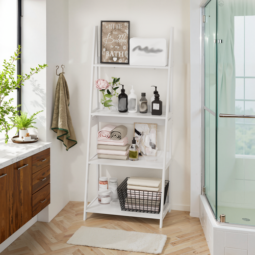 Étagères Échelle Pour Bibliothèque, Plantes, Salle De Bain, 4 Niveaux En Mdf Blanc