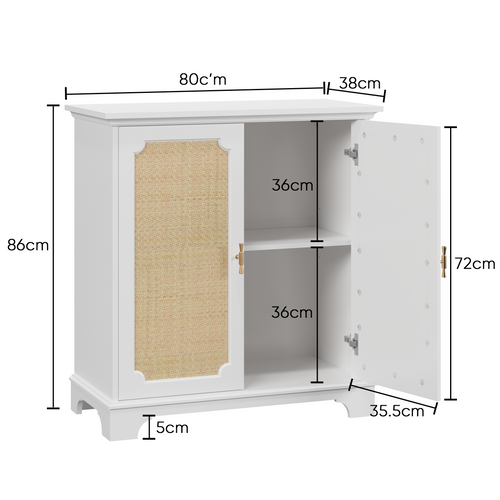 Buffet Blanc Pour Salon Et Entrée, 80x38x86 Cm Avec 2 Portes Décor Rattan