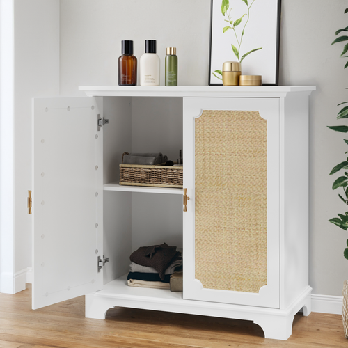 Buffet Blanc Pour Salon Et Entrée, 80x38x86 Cm Avec 2 Portes Décor Rattan