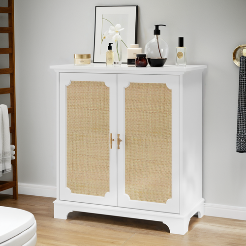 Buffet Blanc Pour Salon Et Entrée, 80x38x86 Cm Avec 2 Portes Décor Rattan