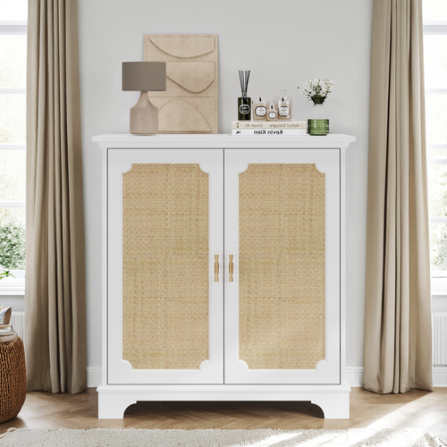 Buffet Blanc Pour Salon Et Entrée, 80x38x86 Cm Avec 2 Portes Décor Rattan