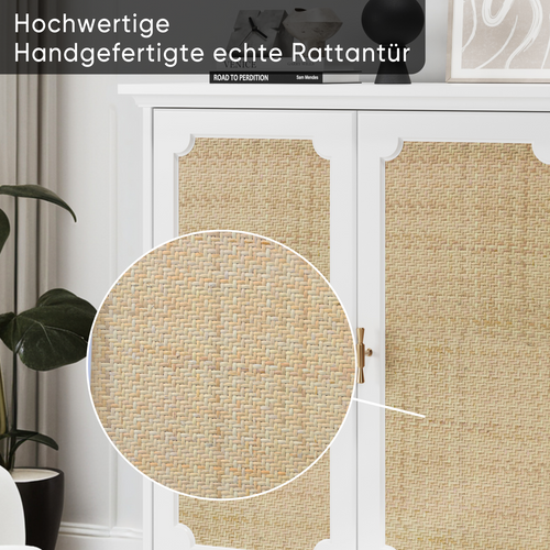 Buffet Blanc Pour Salon Et Entrée, 80x38x86 Cm Avec 2 Portes Décor Rattan