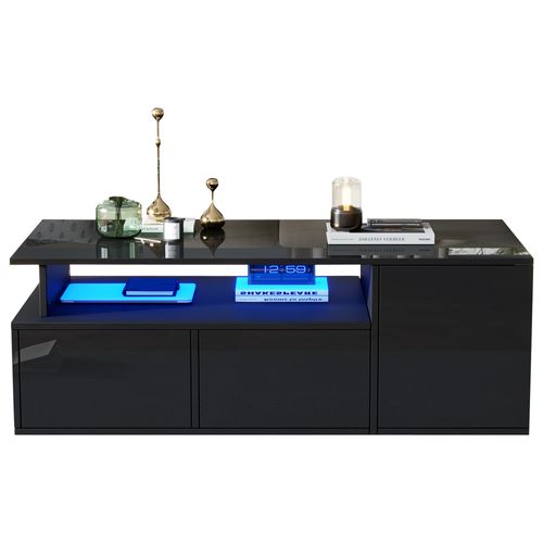 Table Basse LED 100x50x35 Cm Noir Brillant Avec 2 Tiroirs, Meuble De Rangement Salon