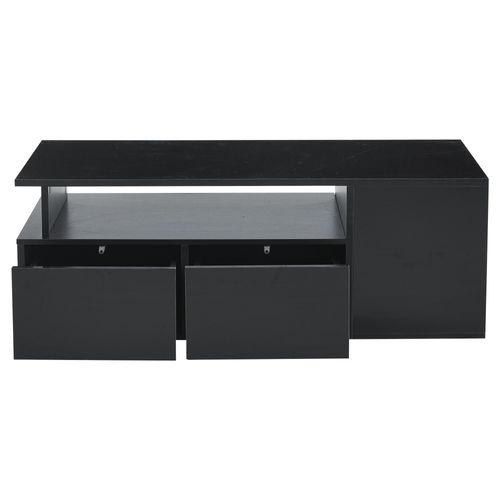 Table Basse LED 100x50x35 Cm Noir Brillant Avec 2 Tiroirs, Meuble De Rangement Salon