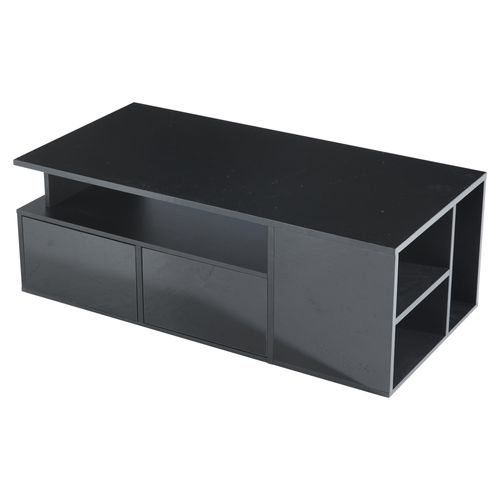 Table Basse LED 100x50x35 Cm Noir Brillant Avec 2 Tiroirs, Meuble De Rangement Salon