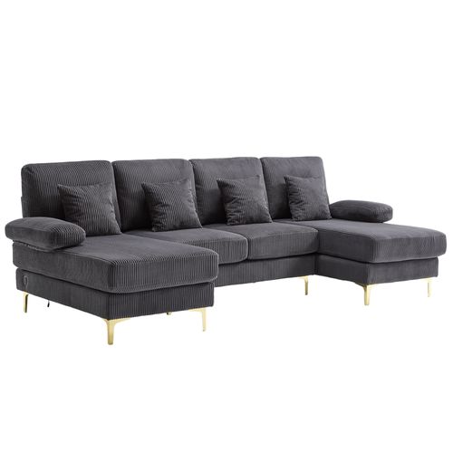 Canapé D'angle 4 Places 265x135 Cm, Velours Gris, LED, Ports USB Et 4 Coussins, Cadre En Bois