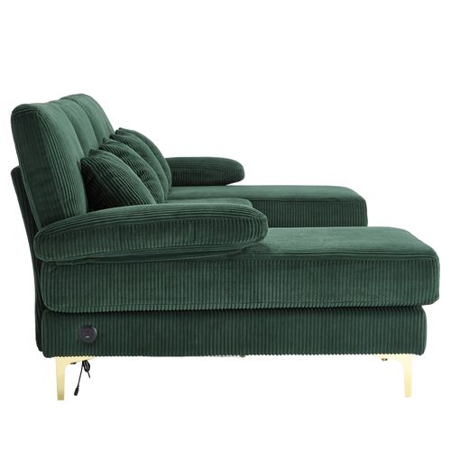 Canapé D'angle 4 Places En U 265x135 Cm Velours Émeraude Avec LED Et Port USB, Cadre En Bois