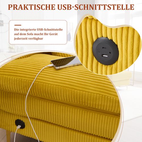 Canapé D'angle 4 Places En U 265×135 Cm Velours Jaune Avec LED Et Port USB‑c, Cadre En Bois